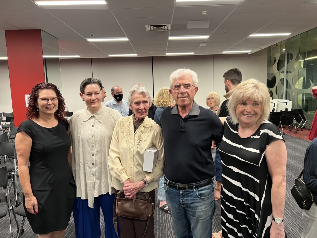 Suzanne Hampel, Rivke Margolis, Freda Freiberg (nee Fink), launcher Michael Gawenda and author Margaret Taft at the March 21 launch, Australian Centre for Jewish Civilisation.
